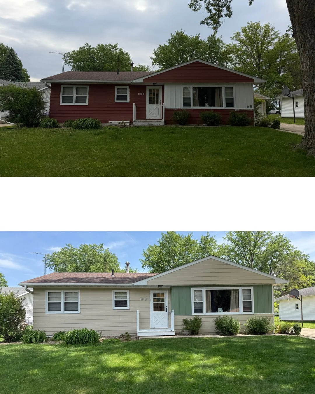 Comparison photo showing a house before and after renovation: the top image shows a house with red exterior siding, a white door, and a large front window, while the bottom image shows the same house with a beige exterior, green accents, and a new wh