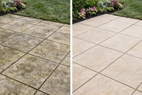 Side-by-side comparison of a dirty, stained outdoor concrete patio on the left and a clean, washed patio on the right.