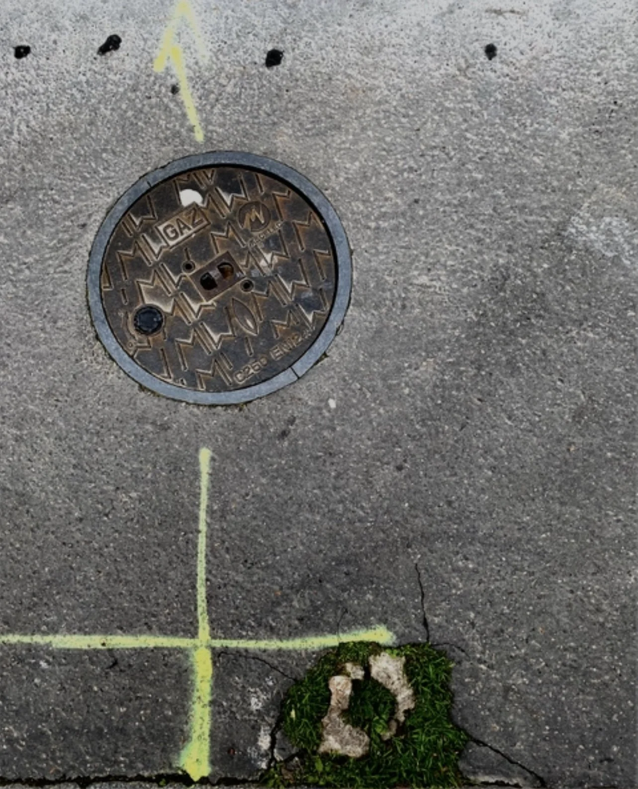 A manhole cover on concrete with yellow chalk markings and a small patch of grass growing through a crack.