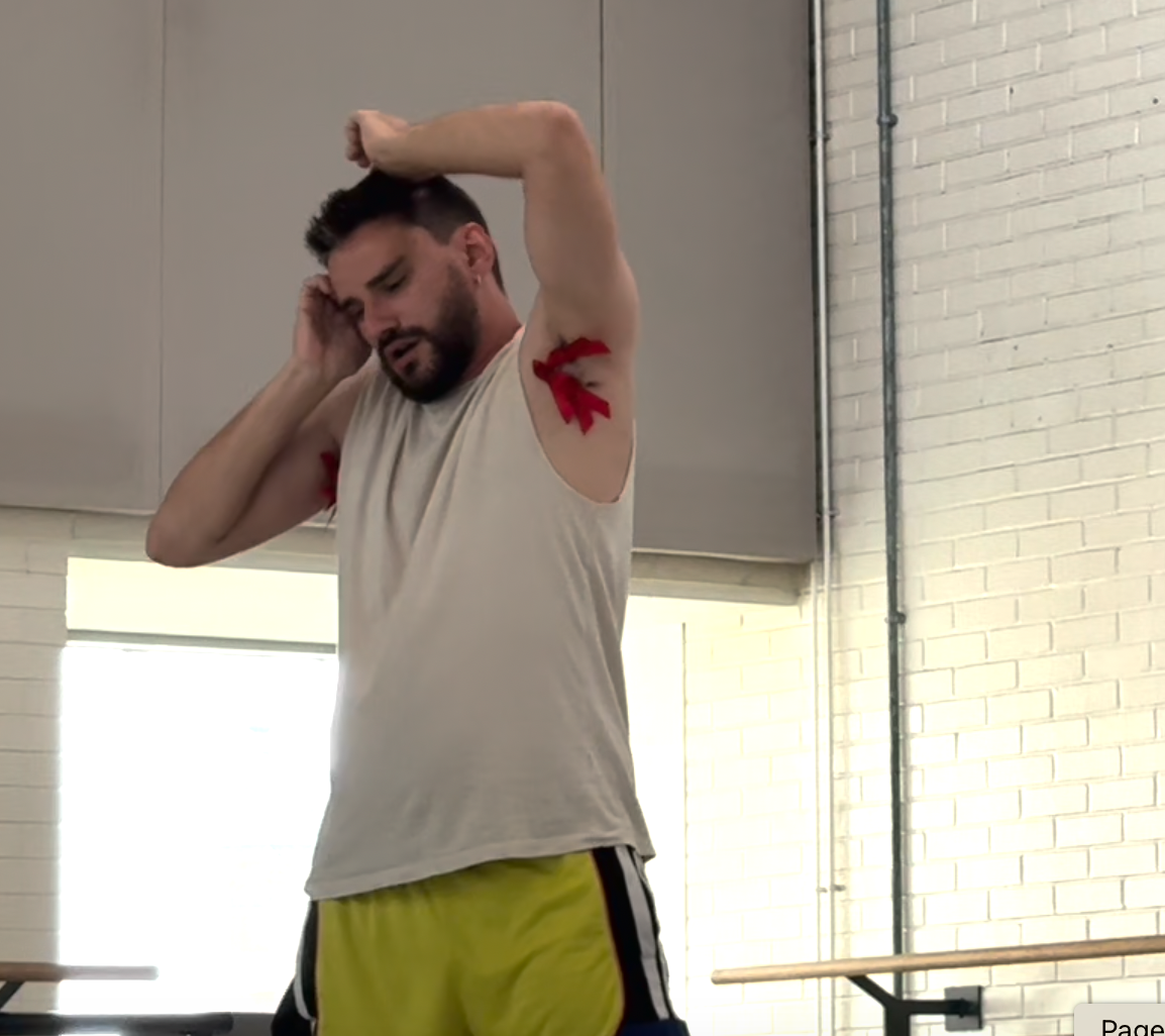 Aaron is seen performatively grabbing his head, World AIDS Day ribbons tied into his armpit hair.