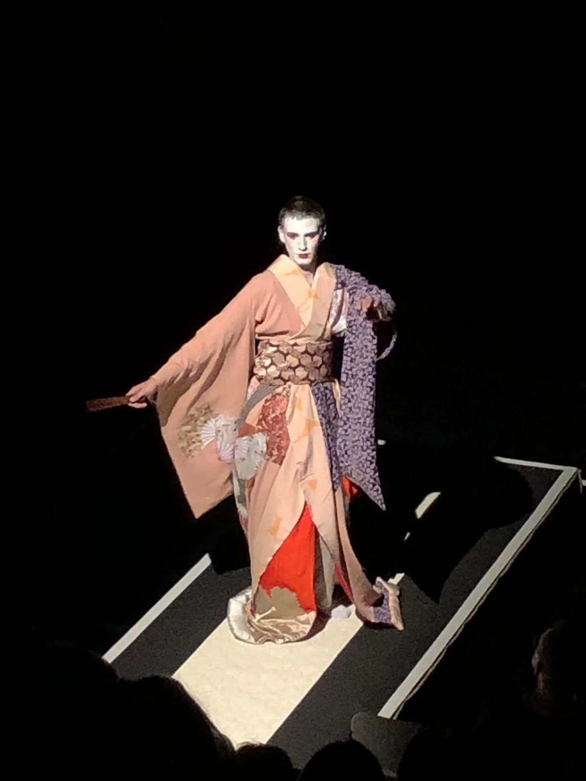Aaron Markwell performing in Smells Like Butter, a dance essay about Kabuki Theatre, wearing an intricate patterned kimono.