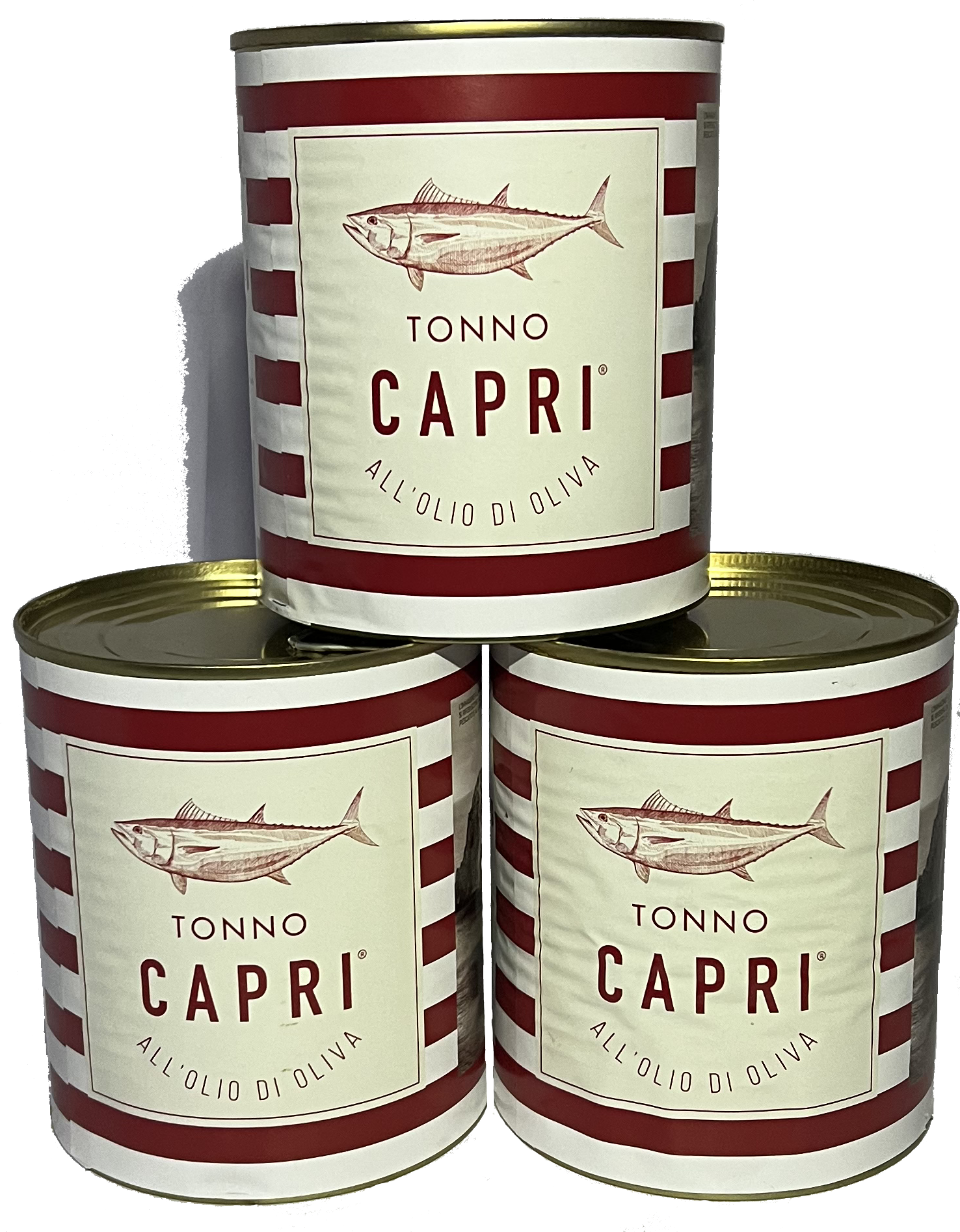 Tre scatole di conserva di tonno Capri con etichetta bianca e rossa, raffigurante un'illustrazione di un tonno.