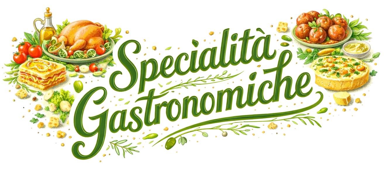 Logo con il testo "Specialità Gastronomiche" circondato da piatti di cibo italiano come pollo arrosto, lasagne, polpette, e varie salse e insalate.