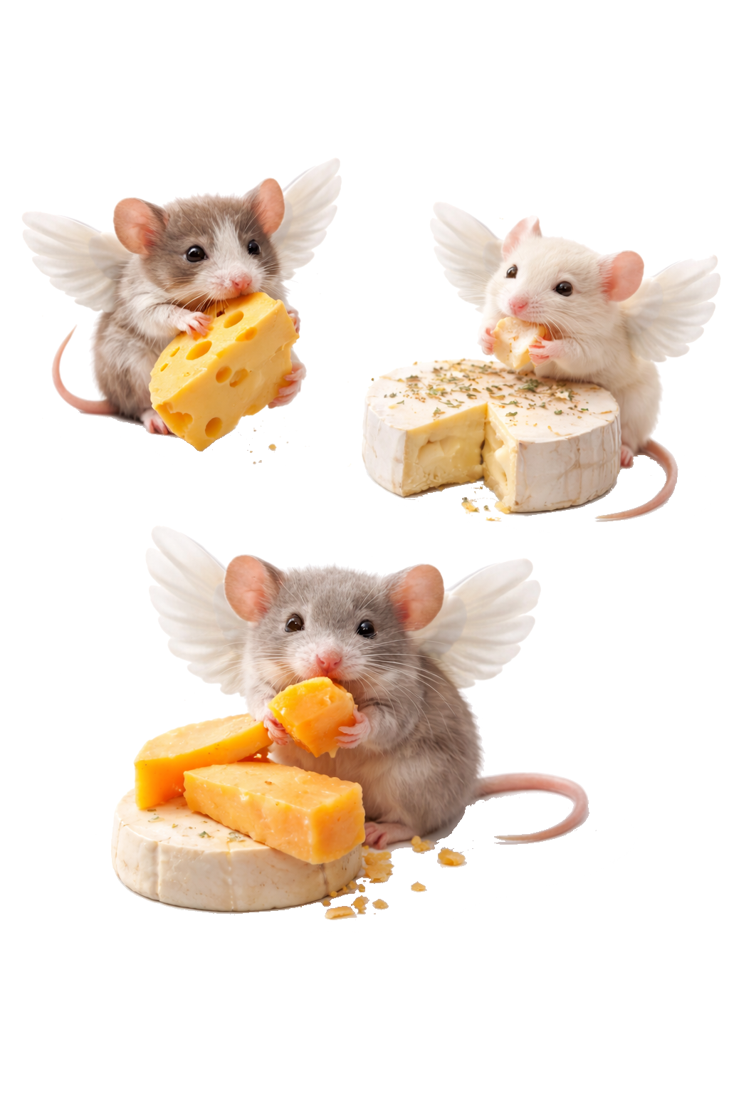 Tre topi con ali di pollo, ciascuno con formaggio diverso e posizionati su un fondo bianco.