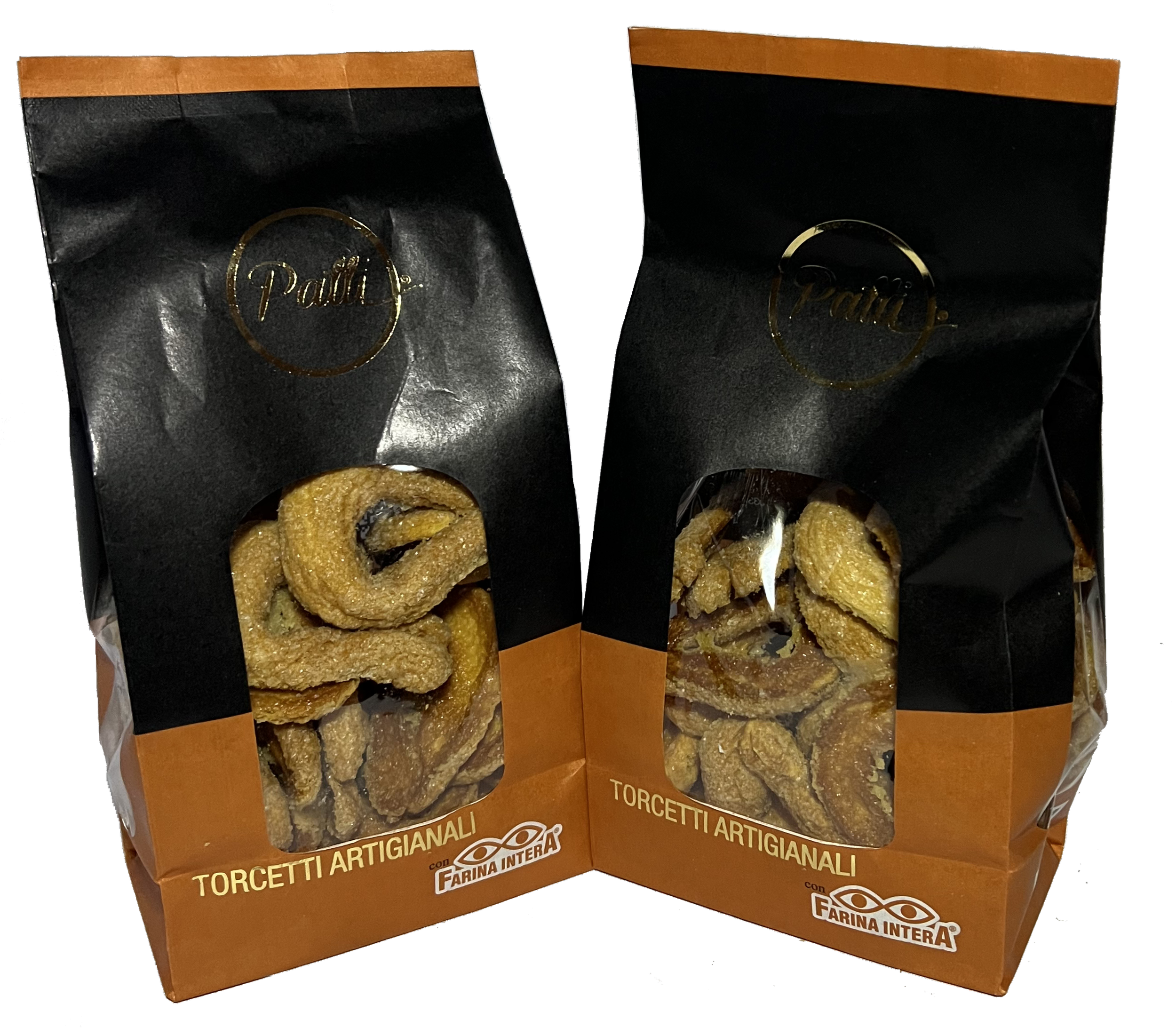 Confezioni di taralli artigianali con scritta in italiano, confezionati in sacchetti neri con dettagli marroni e trasparenti, etichetta con logo e scritta 'Torcetti Artigianali'.
