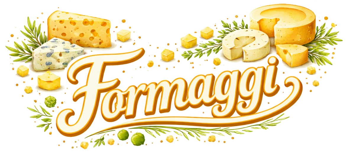 Immagine colorata di diversi formaggi e foglie di erba aromatica con la scritta centrale "Formaggi" in stile elegante