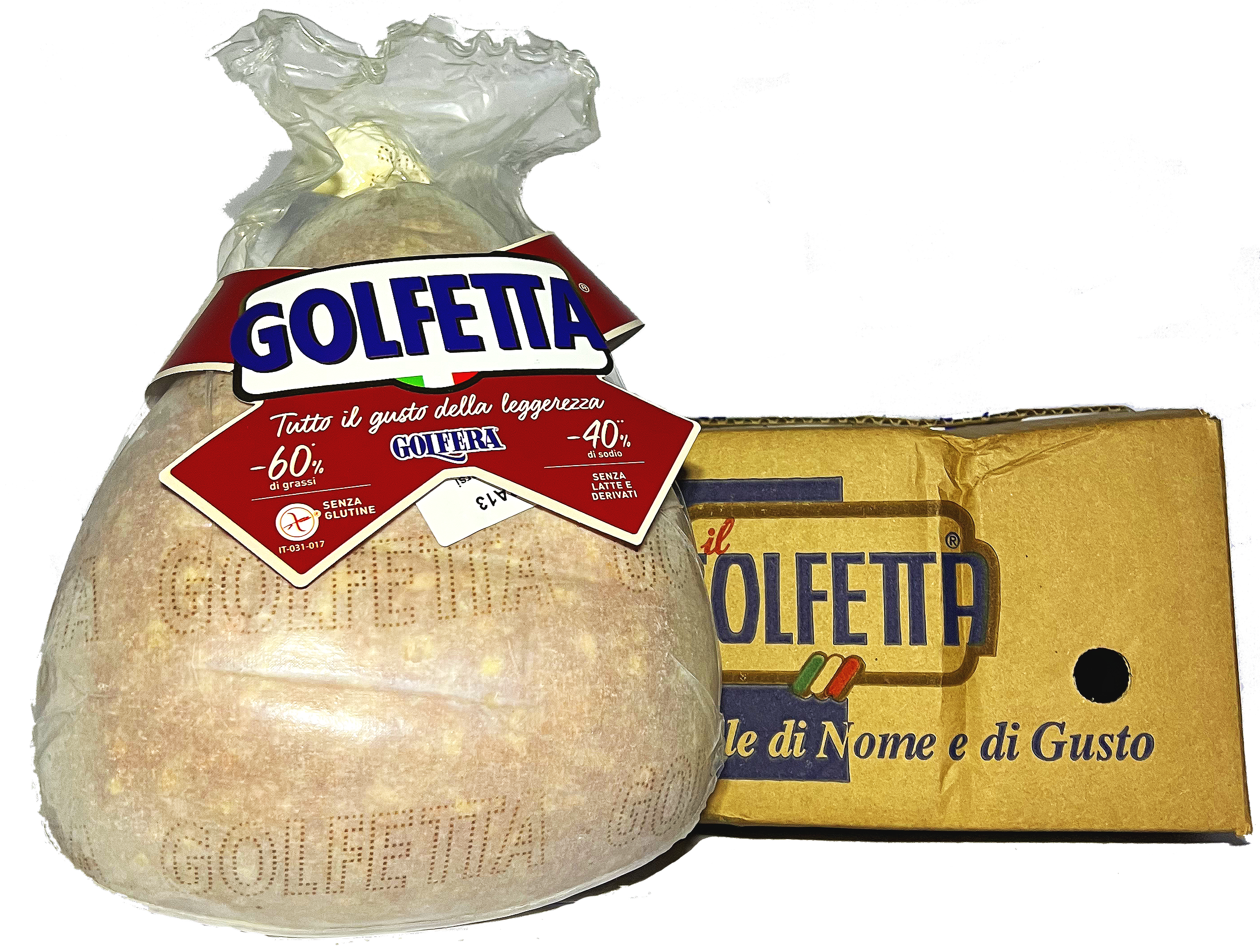 Pacchetto di formaggio Goffetta e confezione di pasta Goffetta, con etichette che indicano il gusto e le riduzioni di grassi e sale.