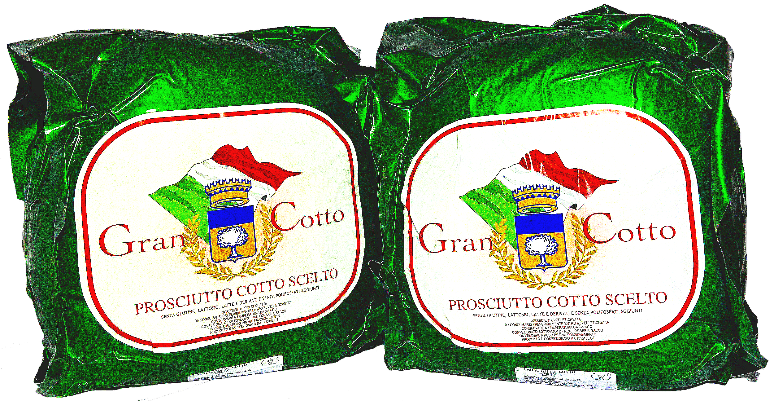 Due pacchi di prosciutto cotto sceltto Gran Cotto avvolti in plastica verde con etichette con un logo che include uno stemma, un albero e un'aquila, e scritte in italiano.
