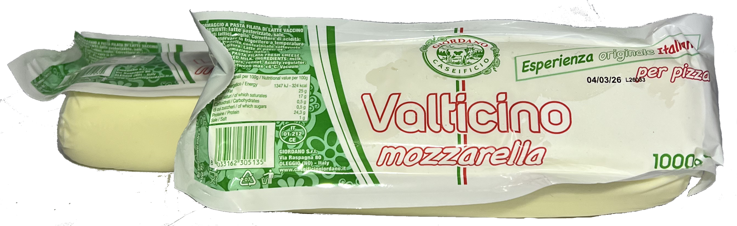 Pacchetto di mozzarella Valticino con etichetta bianca, rossa e verde, indicante che è mozzarella per pizza, contenente 1000 grammi, con logo di un caseificio e informazioni nutrizionali.
