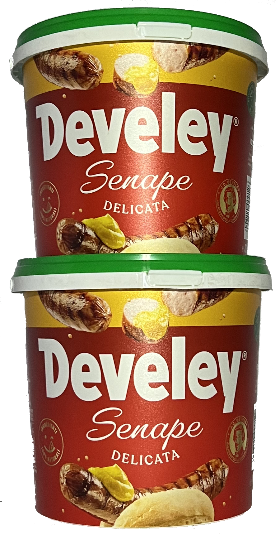 Contenitore di gelato Deleving Senape Delicata, con immagine di senape e noccioline sulla confezione.