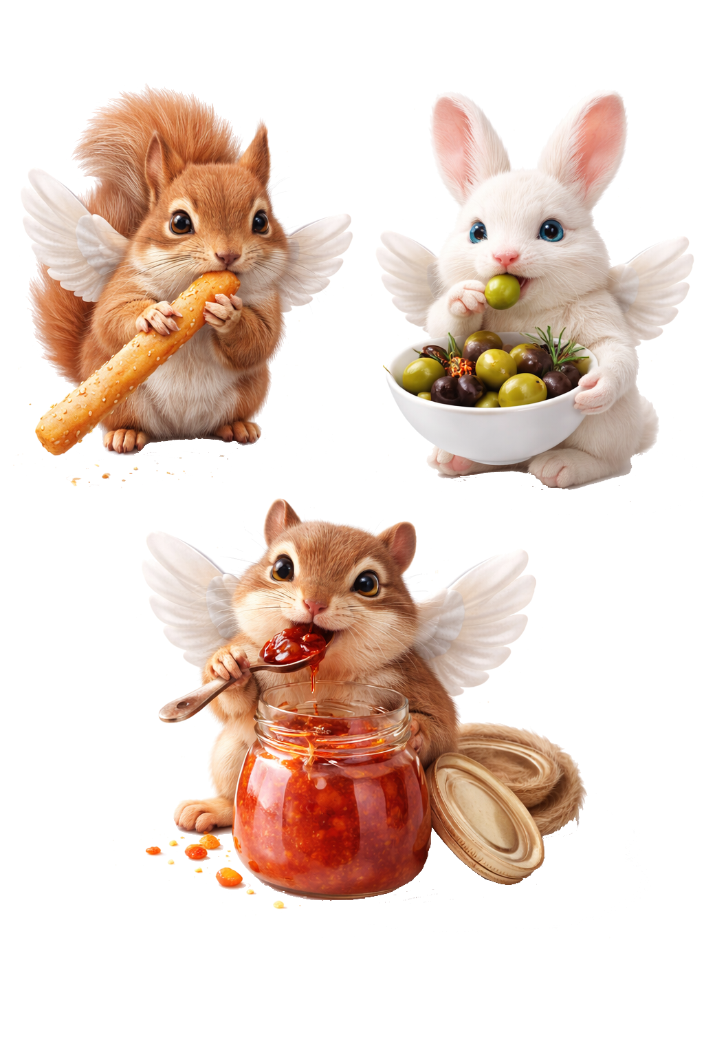 Tre topolini con ali di piuma, uno con una pagnotta, uno con una ciotola di olive, e uno con un barattolo di marmellata.