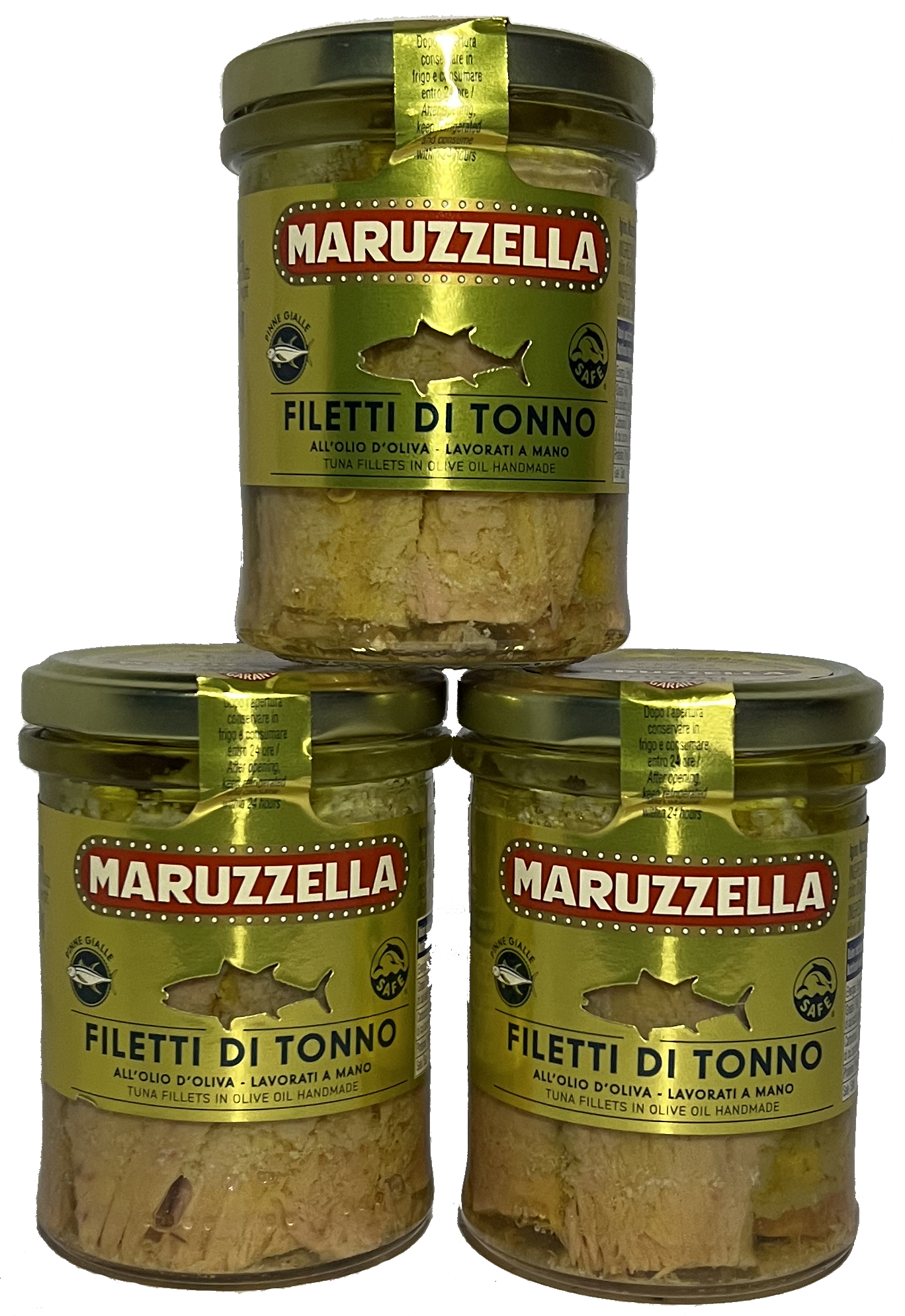 Tre barattoli di filetti di tonno Maruzzella, in olio d'oliva, con etichette verdi e neri, disposti con uno sopra e due accanto. La confezione mostra il logo e informazioni in italiano e inglese.