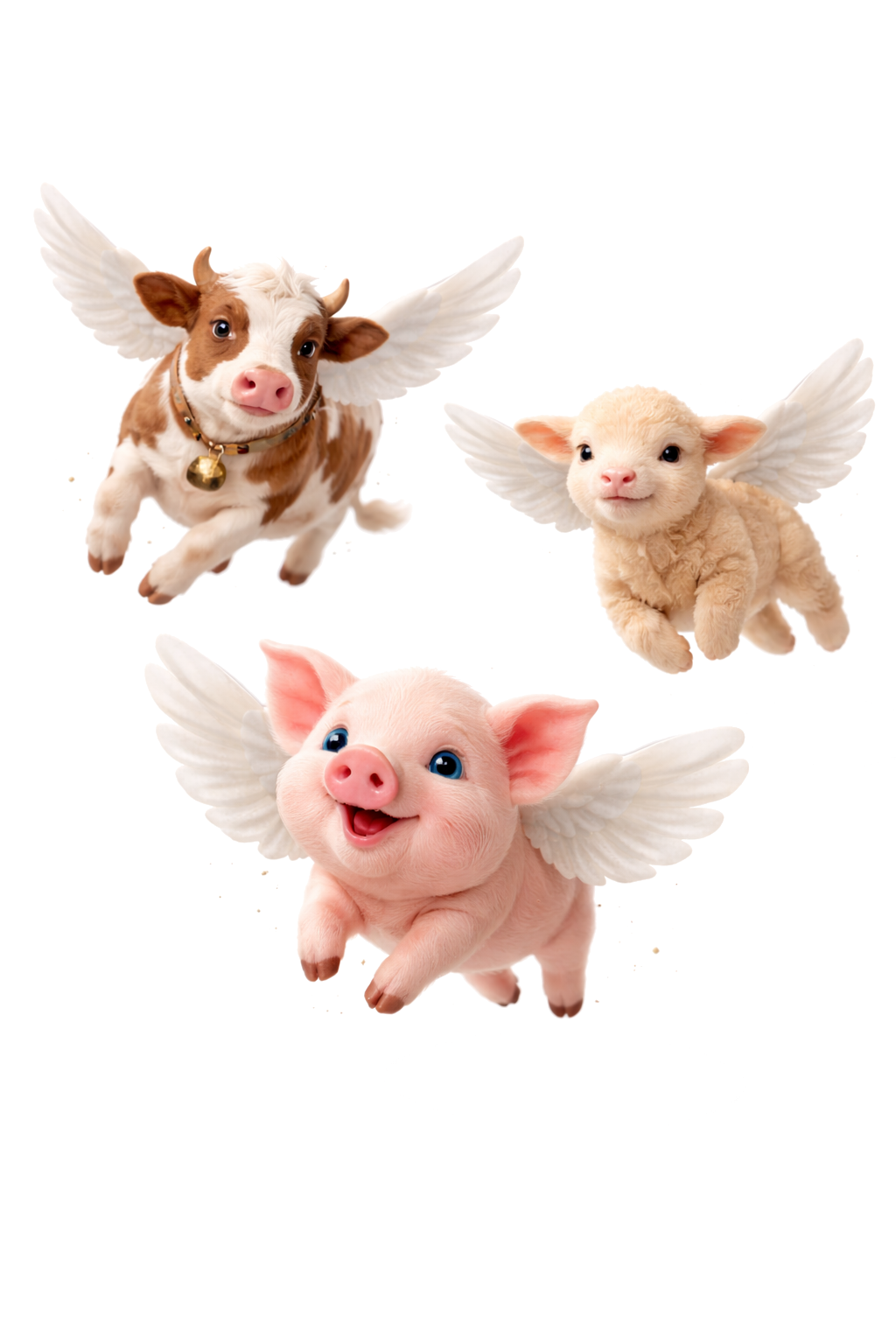 Tre animali: un vitellino, un agnellino e un maialino, tutti con ali di uccelli, che sembrano volare