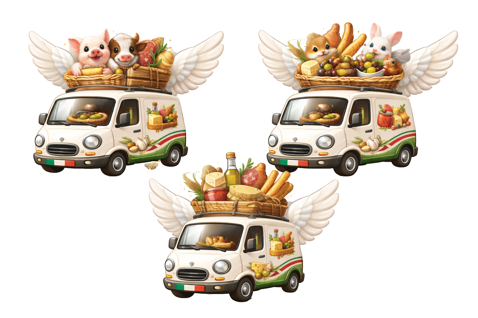 Tre furgoni con ali di nuvola, decorati con immagini di formaggi, verdure, olio e prodotti alimentari, con personaggi di animali con sembianze di maialino, gatto e coniglio, che trasportano grandi ceste di cibo.