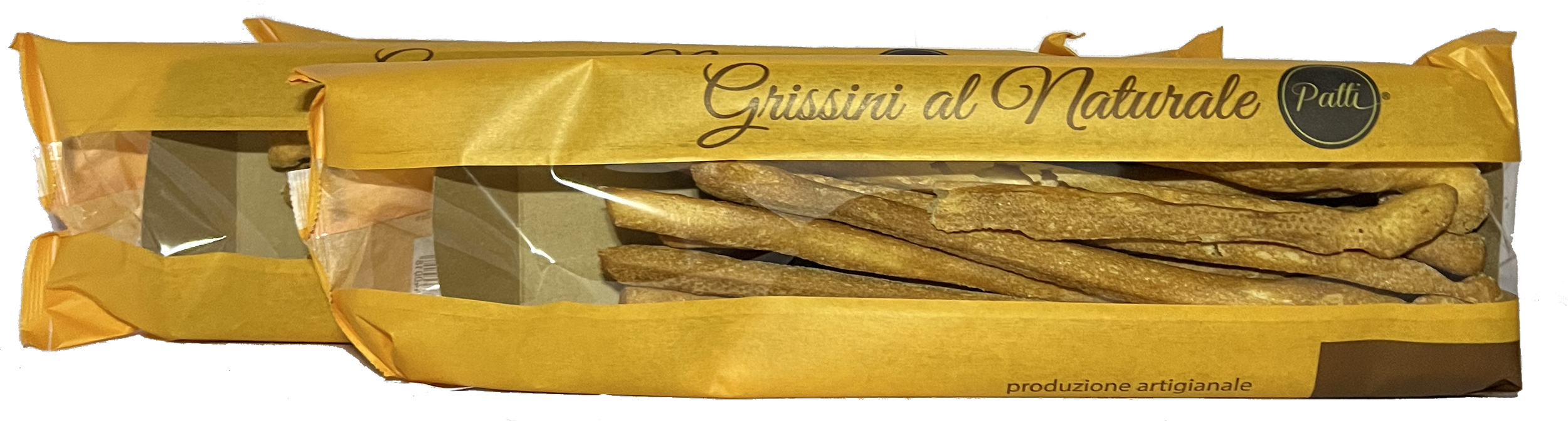 Bastoncini croccanti in confezione gialla con finestra trasparente, etichetta con scritta 'Gressini al Naturale Patti', produzione artigianale.