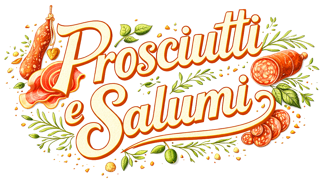 Logo con scritta 'Prosciutti e Salumi' accompagnata da immagini di prosciutto, salami, pancetta e erbe aromatiche.