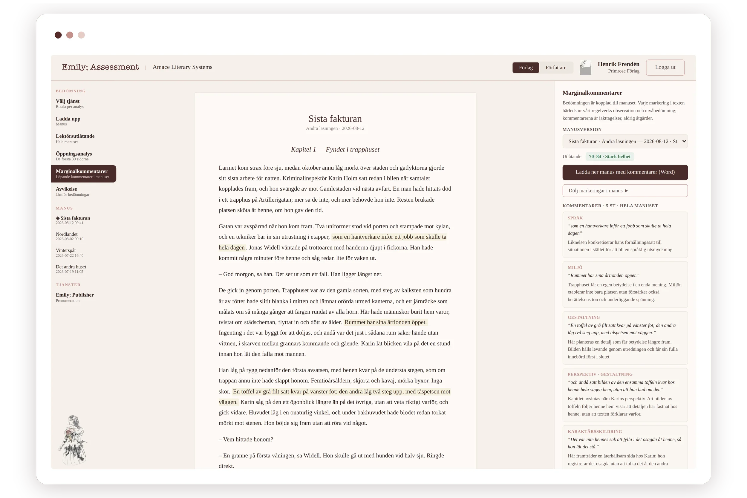 Skärmbild av en digital textredigerare som visar en dokument – sista fakturan, med text och marginalkommentarer.