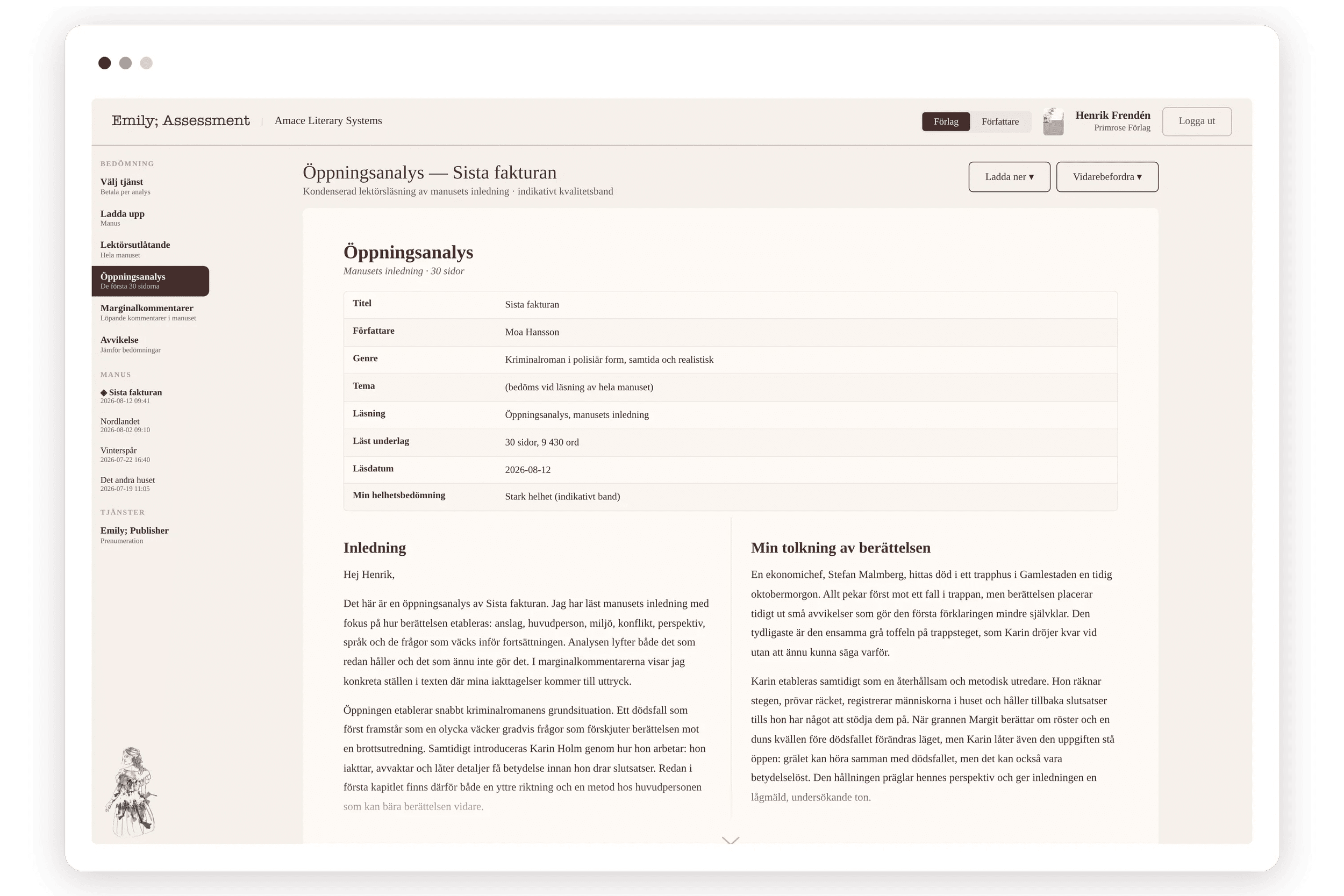 Skärmbild av en webbplats eller applikation för berättaranalys med text som visar en rapport för 'Sista fakturan' skrivna av Moa Hansson, inklusive olika analytiska avsnitt och en illustration av en person i ett hörn.