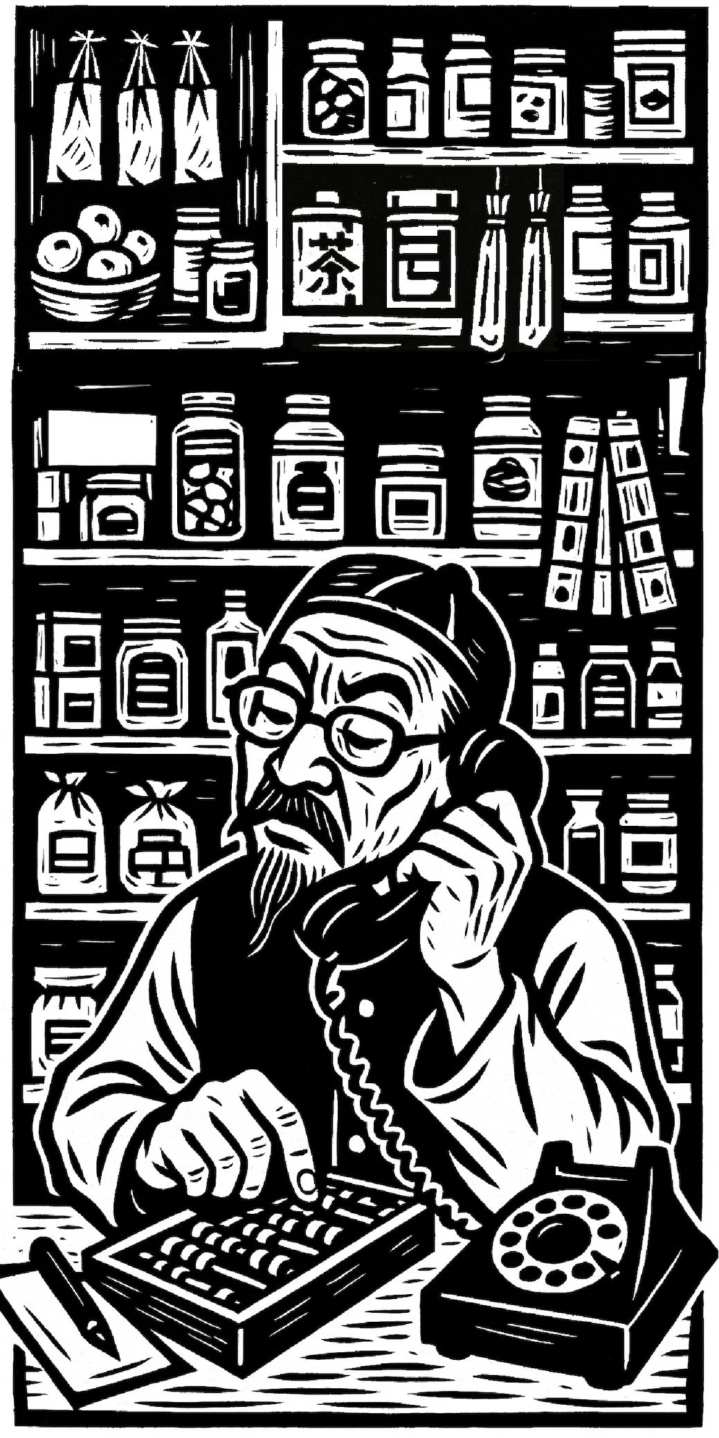 Lean & Mean (精打细算) - A monochrome digital illustration inspired by traditional woodcut printmaking