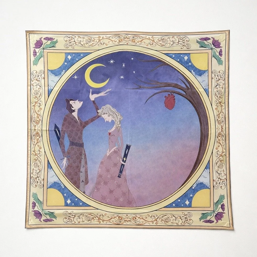 Silk scarf printed with the illustration, extending the artwork into a wearable format.