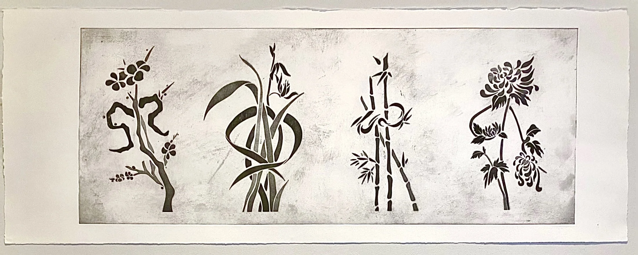梅兰竹菊 The Four Gentlemen - An etching print in black paint uniting plum blossom, orchid, bamboo, and chrysanthemum, honoring the classical virtues of resilience, humility, integrity, and grace.