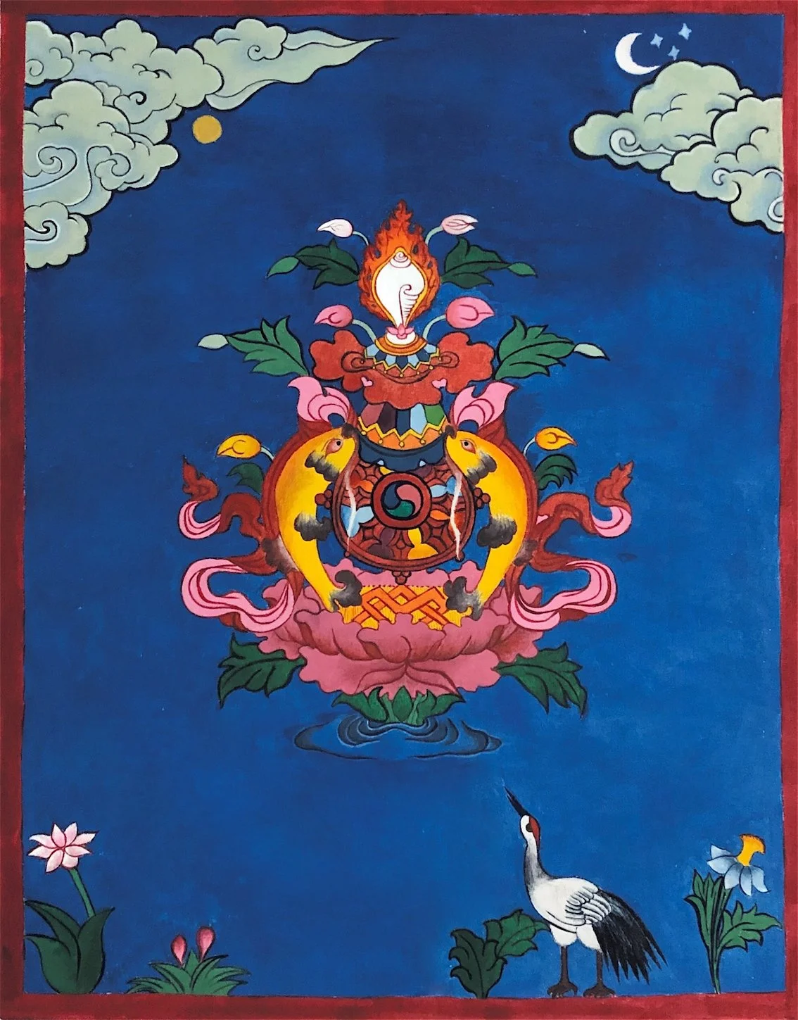 Ashtamangala - Hand-painted thangka using natural mineral pigments, depicting the traditional Eight Auspicious Symbols of Tibetan Buddhism.