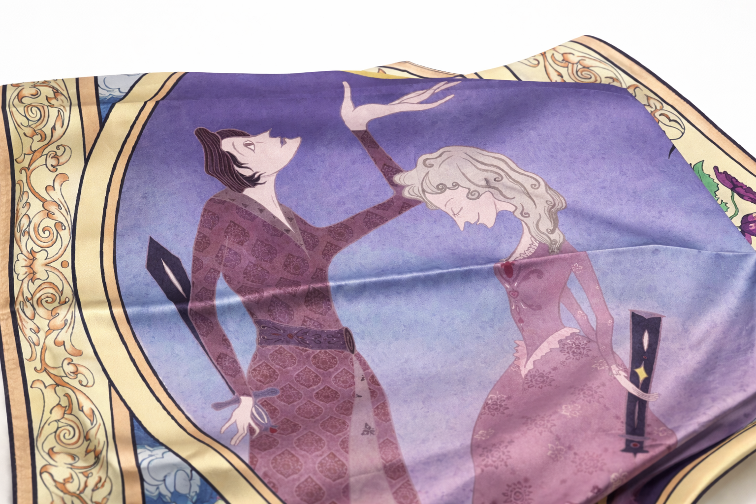Silk scarf printed with the illustration, extending the artwork into a wearable format.