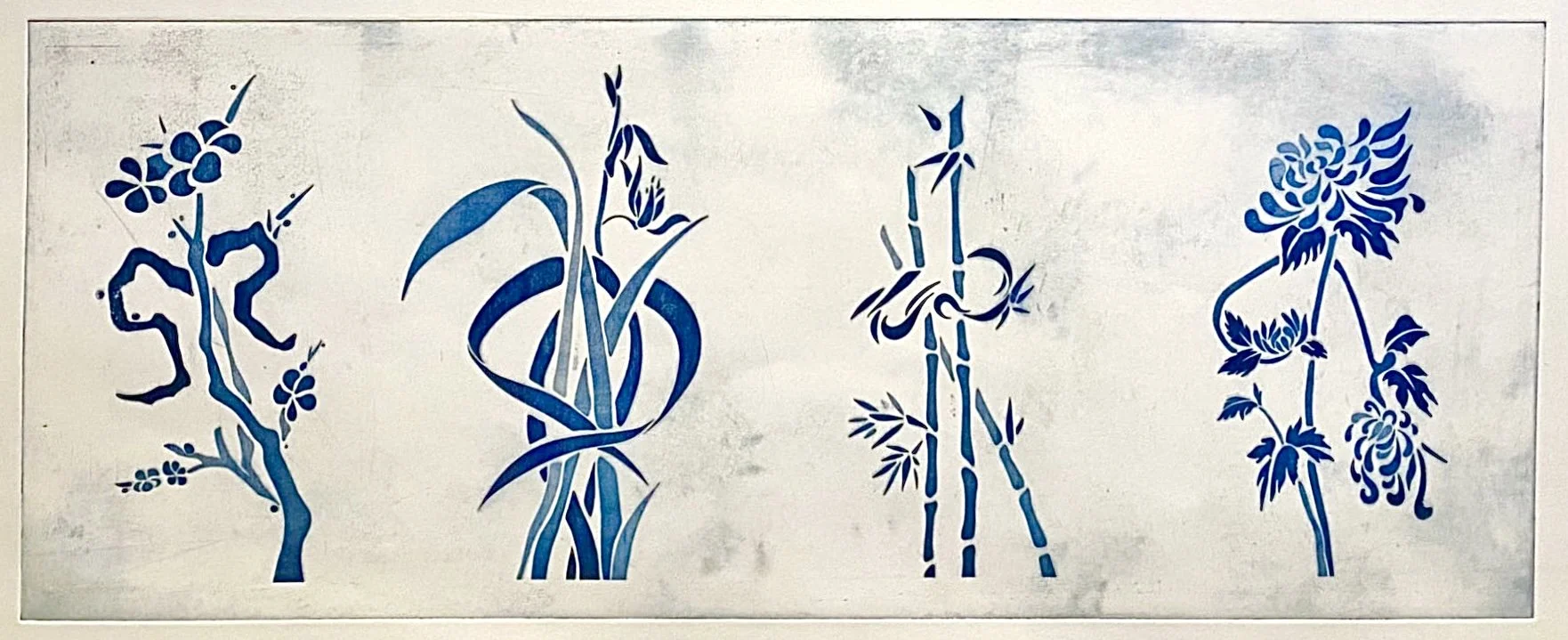梅兰竹菊 The Four Gentlemen - An etching print in blue paint uniting plum blossom, orchid, bamboo, and chrysanthemum, honoring the classical virtues of resilience, humility, integrity, and grace.