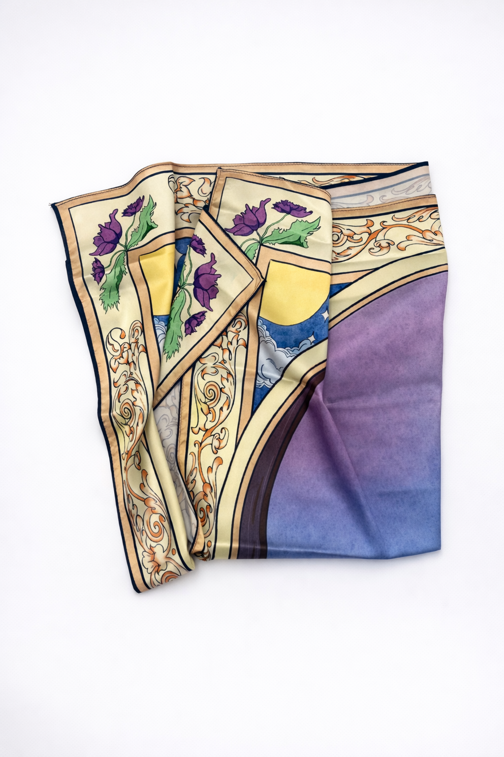 Silk scarf printed with the illustration, extending the artwork into a wearable format.