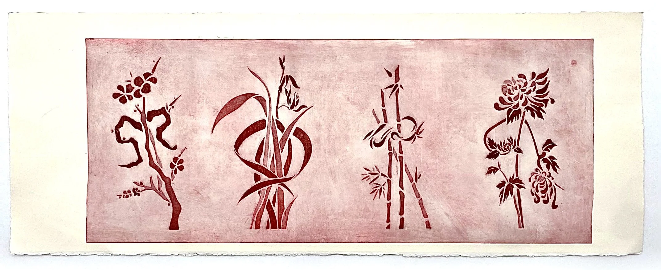 梅兰竹菊 The Four Gentlemen - An etching print in red paint uniting plum blossom, orchid, bamboo, and chrysanthemum, honoring the classical virtues of resilience, humility, integrity, and grace.