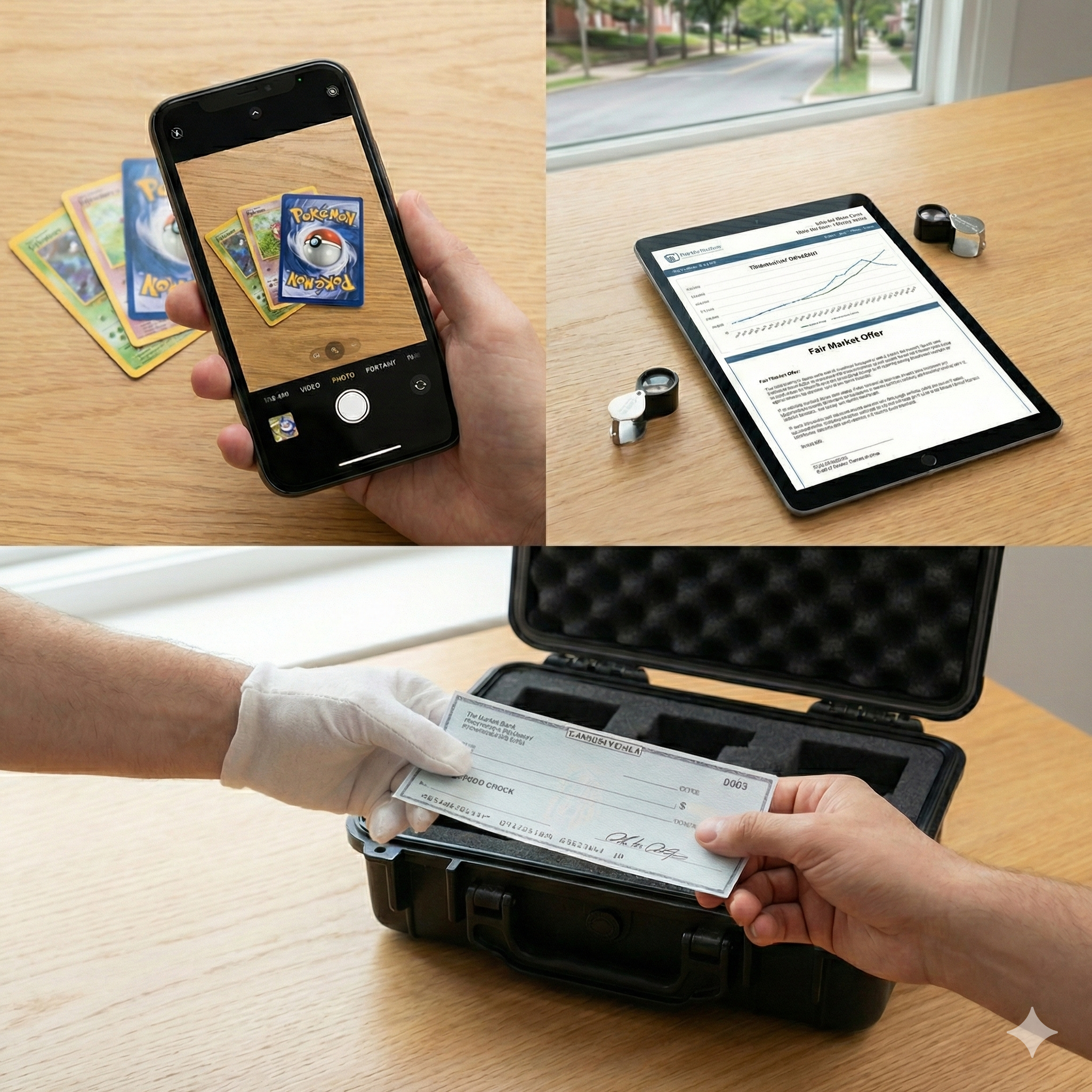 A collage of three images: the top left shows a person taking a photo of Pokémon trading cards with a smartphone, the top right displays a tablet and two wireless earbuds on a wooden desk near a window, and the bottom depicts a person wearing gloves handling a check in a secure case.
