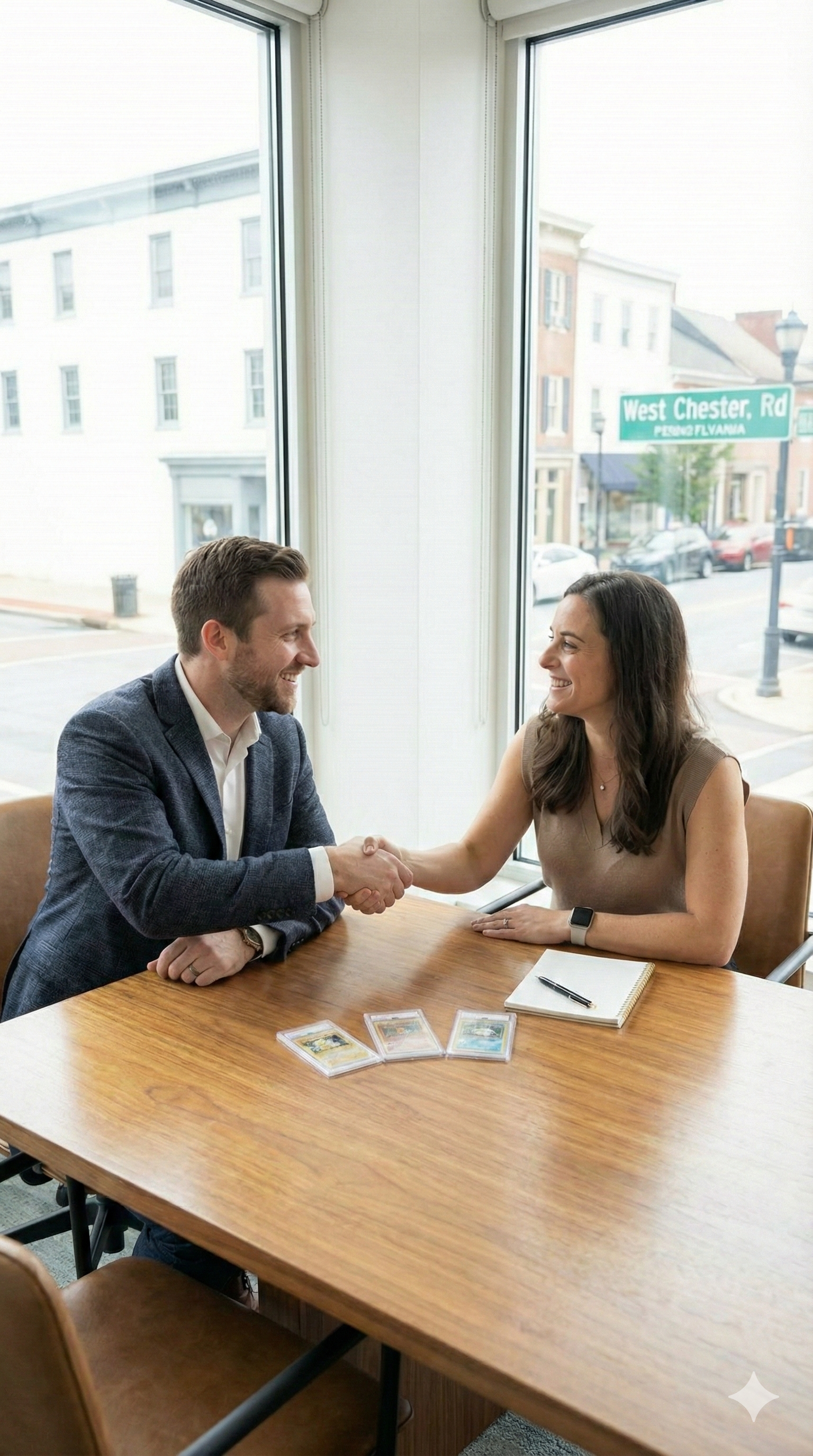 A man and woman shake hands at a table in a bright, modern office with large windows, with trading cards, a notebook, and a pen on the table.