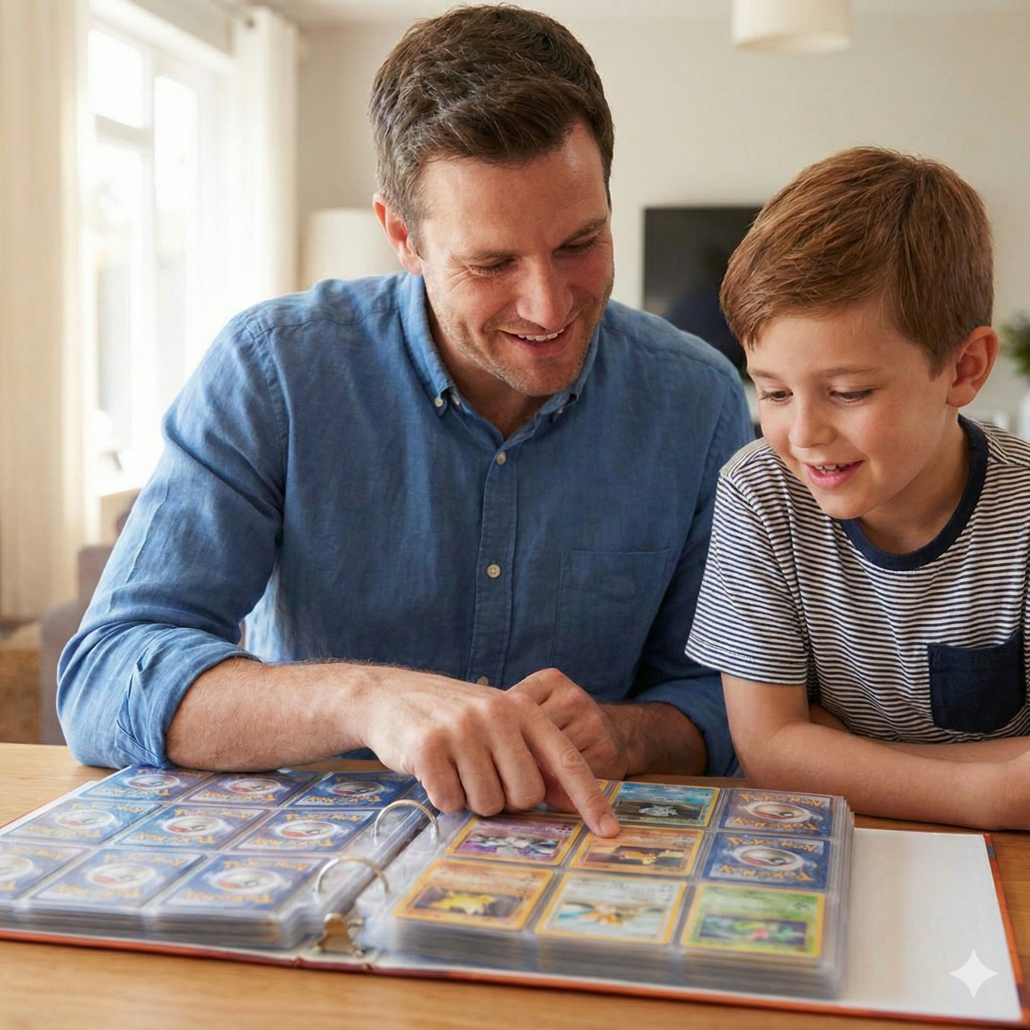 A man and a boy looking at a large collection of Pokémon cards in a binder, smiling and pointing at a card.