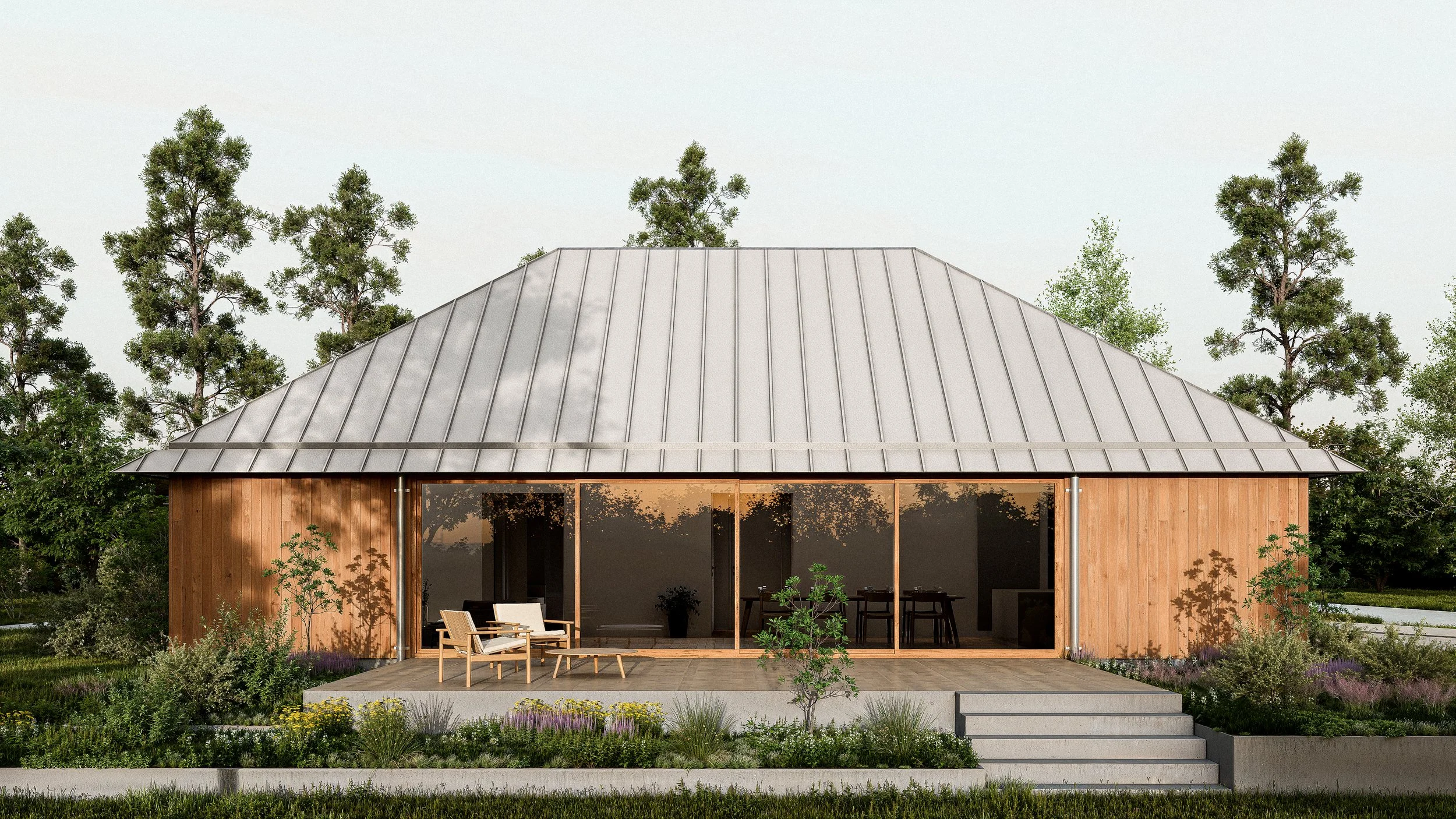 Ett modernt trähus med stort glasparti framför en trädgård med olika växter och uteplats. Ny villa i Haninge. Skandinavisk arkitektur.