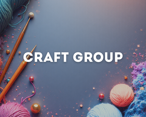Craft supplies including balls of yarn, knitting needles, and colored powder on a blue surface with the text 'Craft Group' in the center.