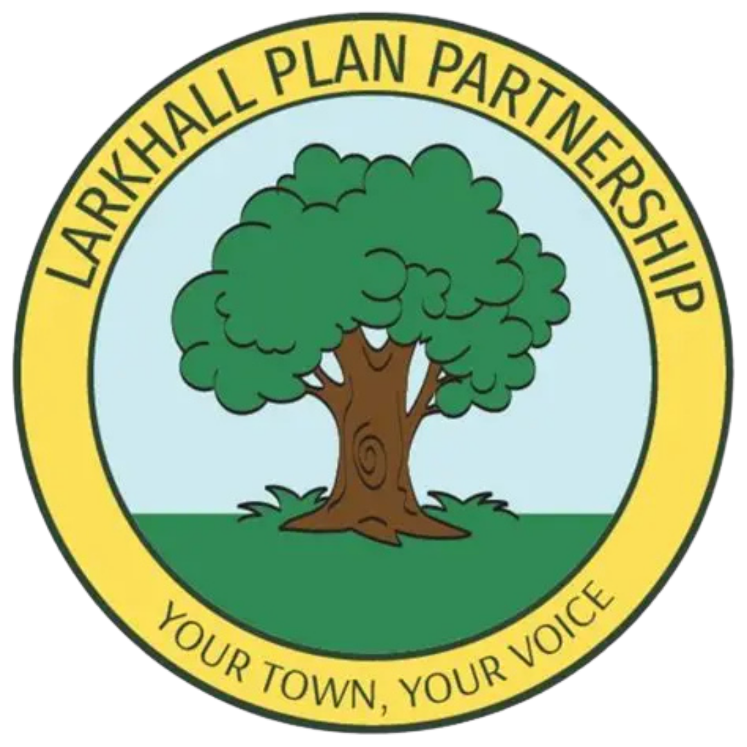 Official logo of the Larkhall Plan Partnership featuring a smiling tree illustration with a yellow border and the slogan "Your Town, Your Voice."