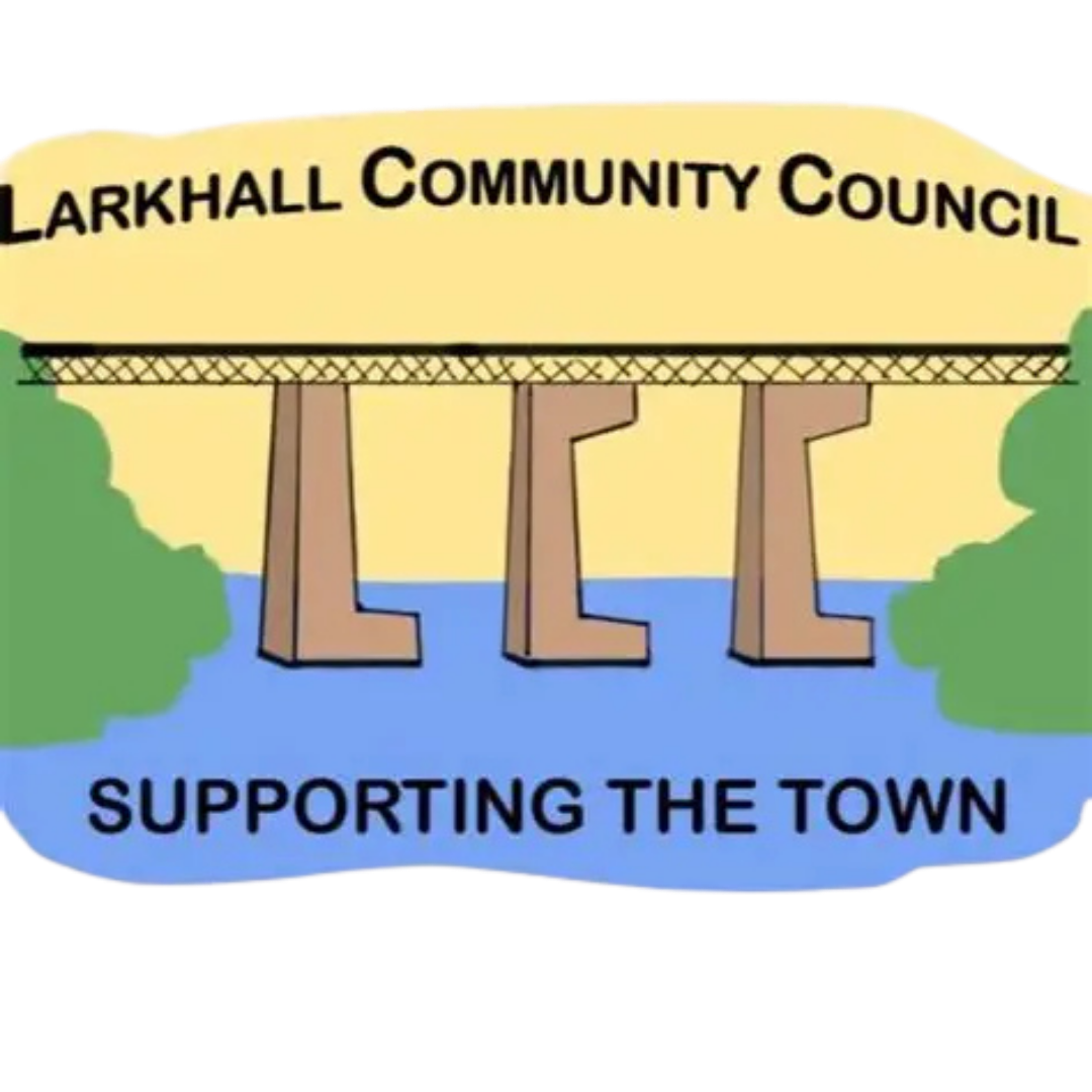 Logo with a bridge labeled 'Larkhall Community Council' and the slogan 'Supporting the Town' beneath.