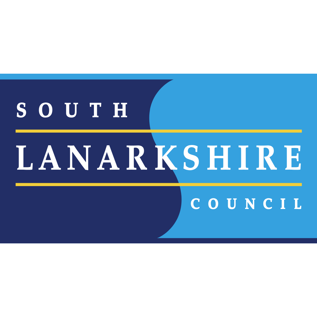 Logo of South Lanarkshire Council with blue and dark blue background and yellow lines.