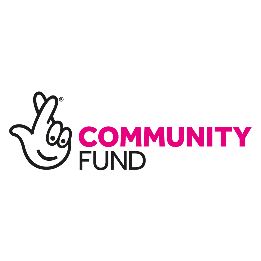 Logo of the community fund featuring a black outline of a hand making a finger heart gesture and the words 'COMMUNITY FUND' with ‘COMMUNITY’ in pink and ‘FUND’ in black.