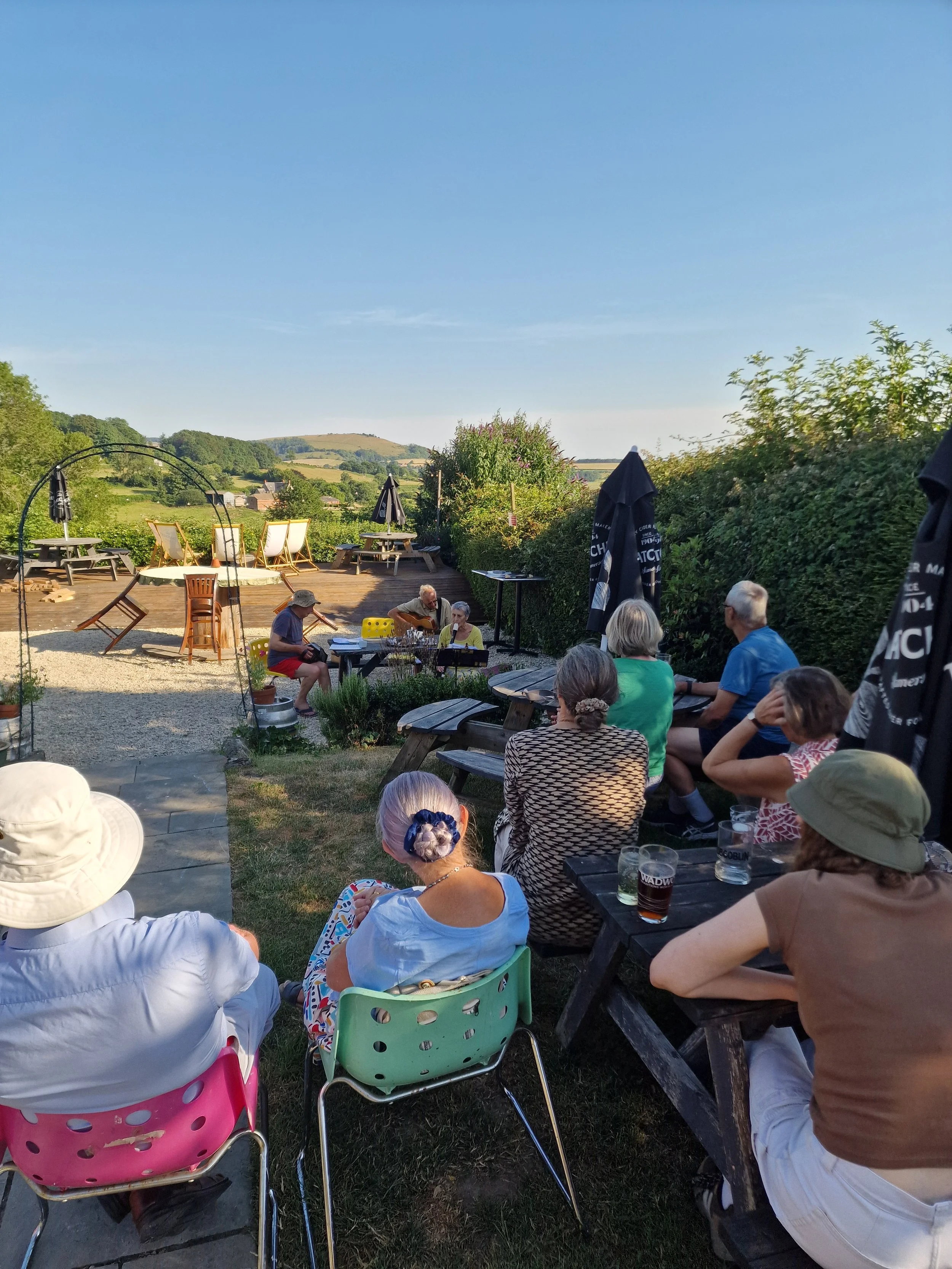 Hambledon Hotstep band playing at Ye Olde Two Brewers pub after the Birdsong Walk.