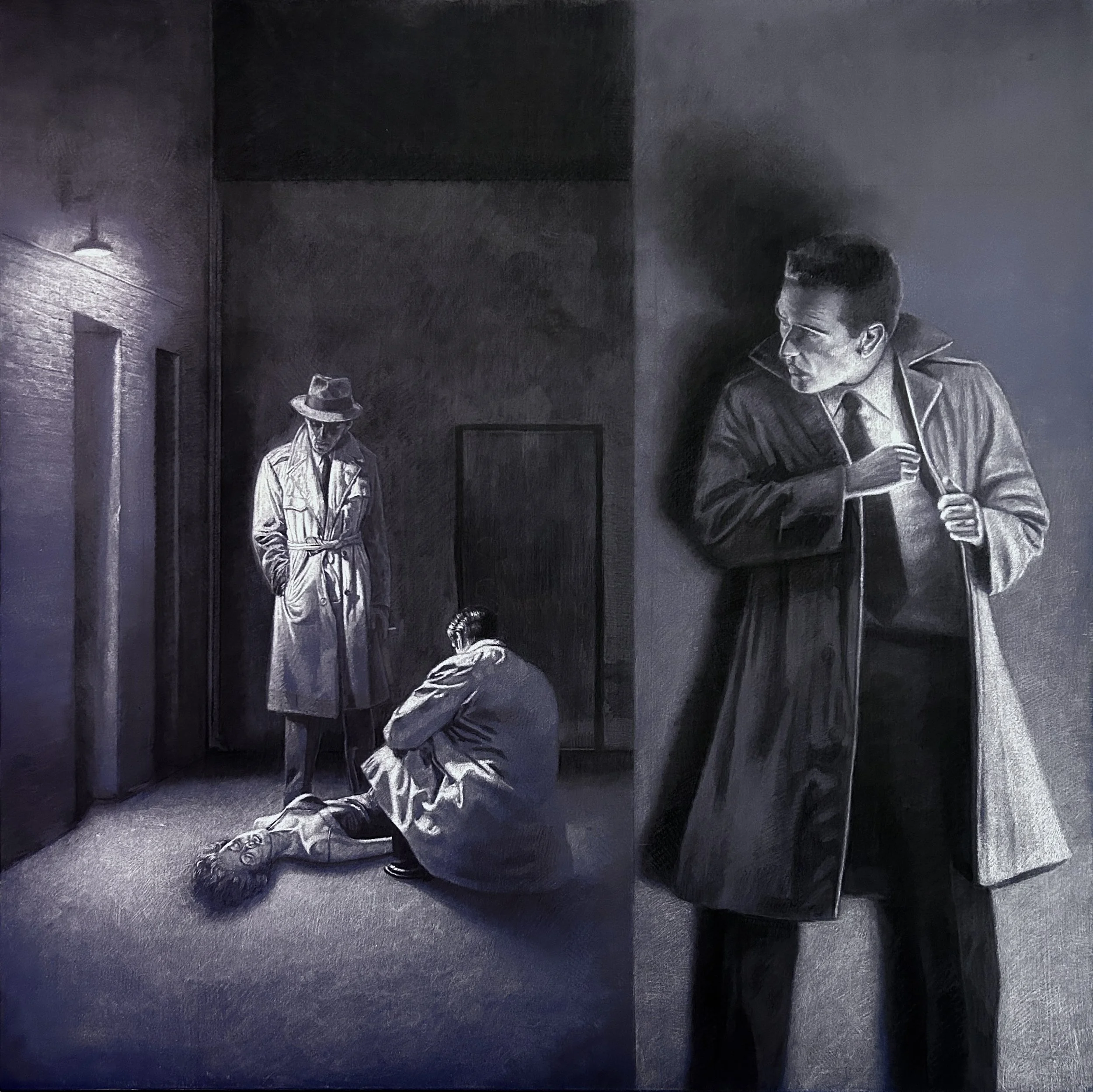 'Shadow of Suspicion'.
2025.
Charcoal on canvas.
30" x 30"