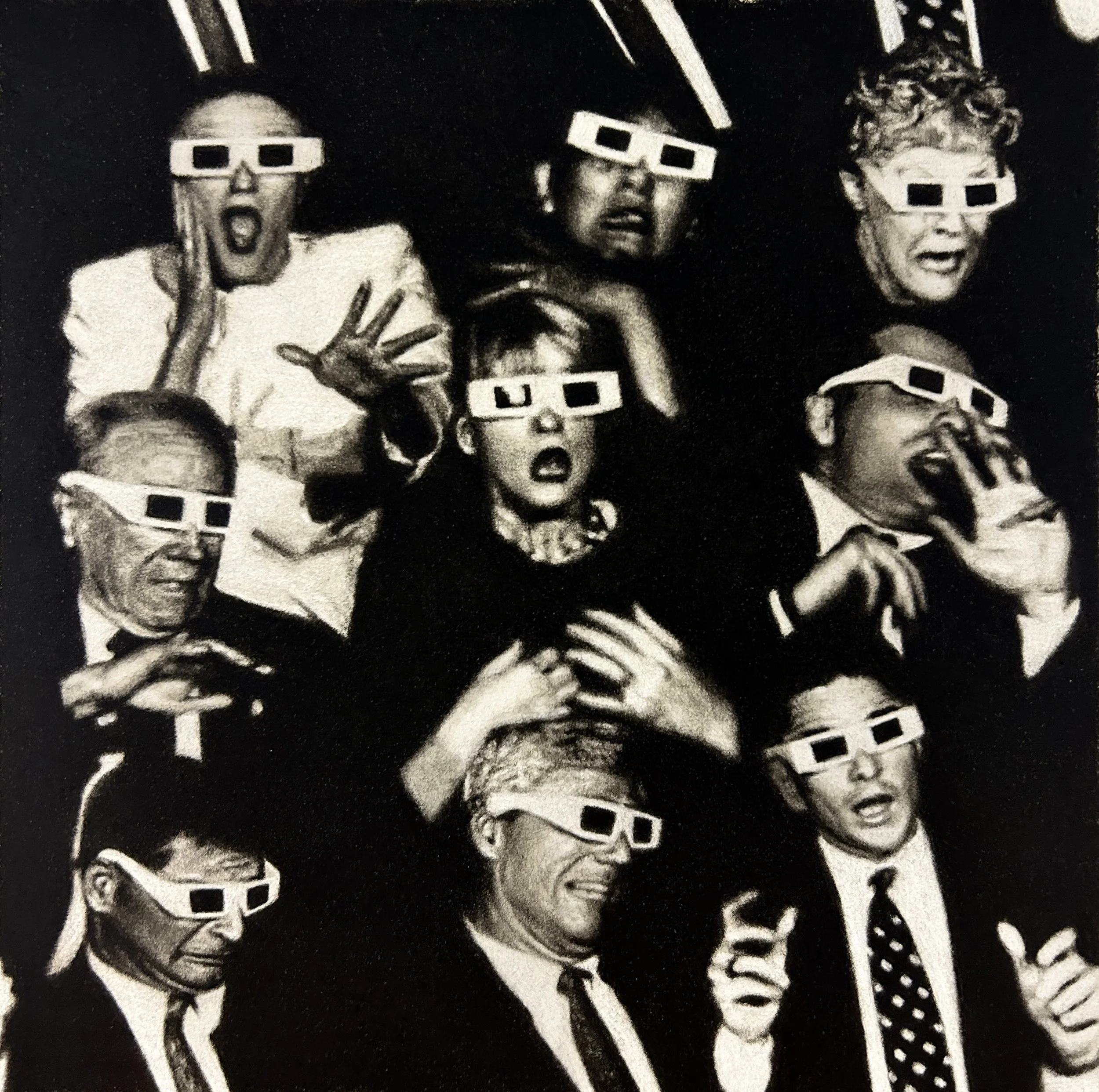 Black and white photo of three women wearing pixelated 3D glasses, appearing surprised or excited.