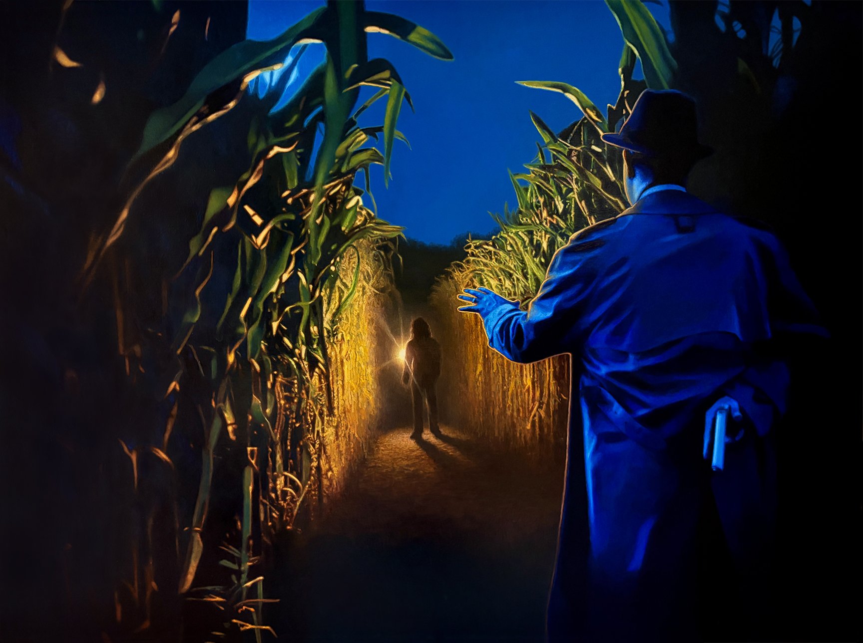 A person wearing a hat and coat standing in a cornfield at dusk, gesturing toward a woman walking along a path illuminated by a flashlight.