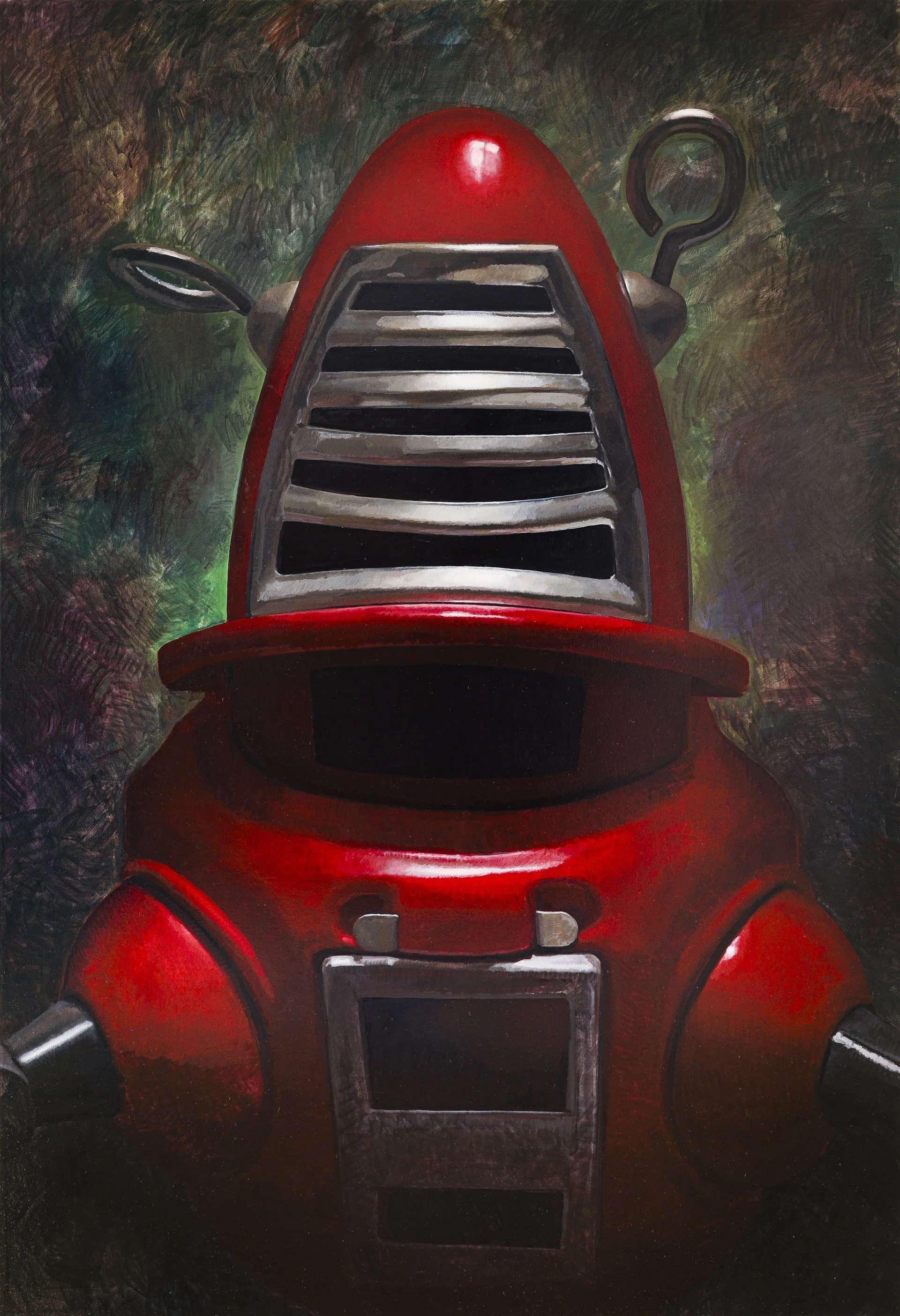 Painting of a red scooter viewed from above, with a textured dark background.