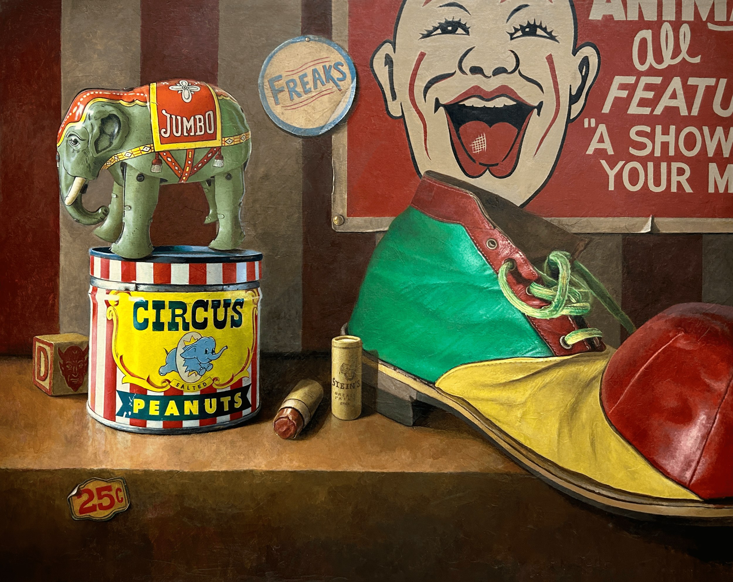 Vintage circus-themed artwork featuring a colorful elephant with a circus saddle labeled 'JUMBO' standing on a red-and-white striped platform, a can of salted peanuts, a round sign with the word 'FREAKS', a shoe with green laces, a small cork stopper, and part of a large smiling face with exaggerated features in the background.