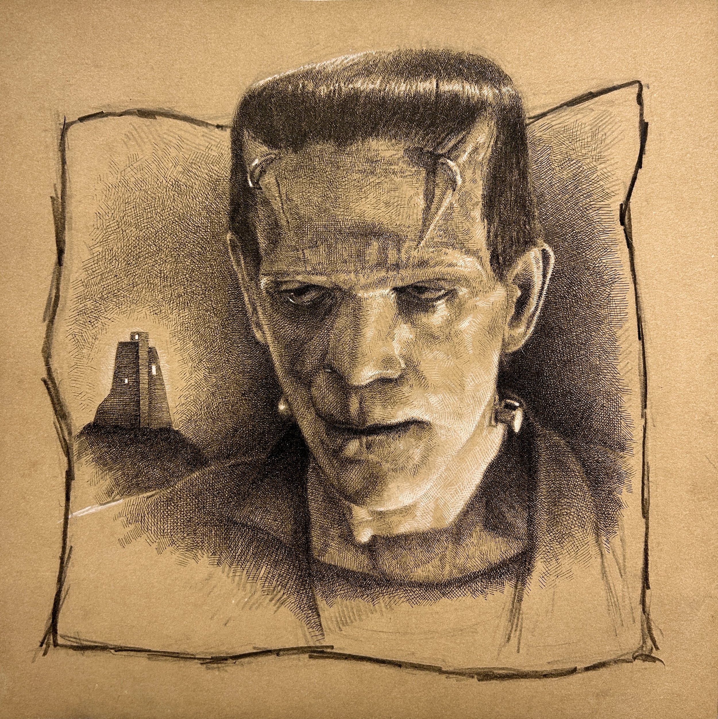 'Frankensteins Monster'.
2025.
Pen & charcoal on paper.
10" x 10"
