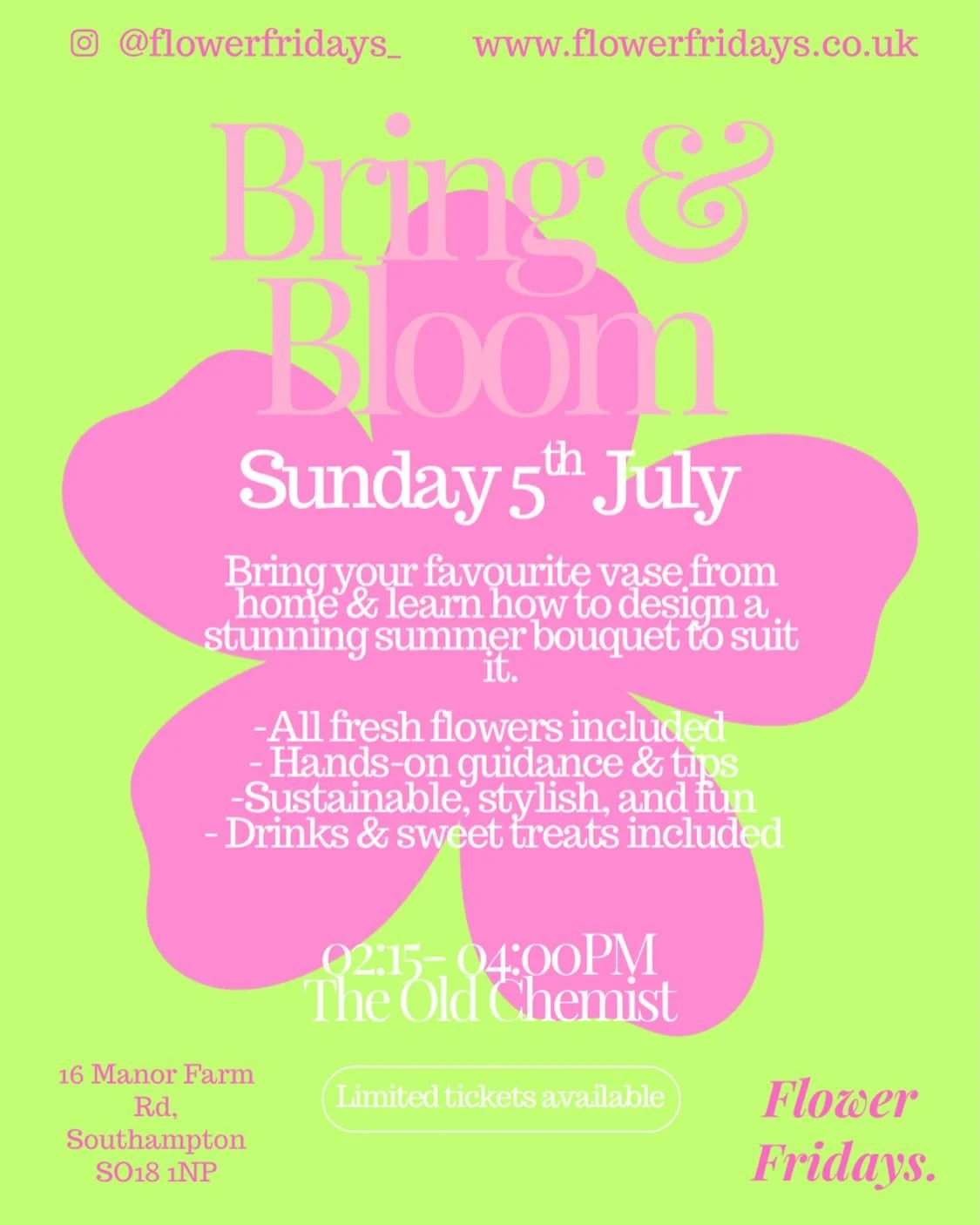 *RESCHEDULED*

You asked&hellip; so we&rsquo;re bringing the workshops back 🌸✨

BRING &amp; BLOOM
A summer vase styling workshop by Flower Fridays.

Bring your favourite vase, I&rsquo;ll bring the flowers 💐
(Don&rsquo;t worry if you don&rsquo;t hav