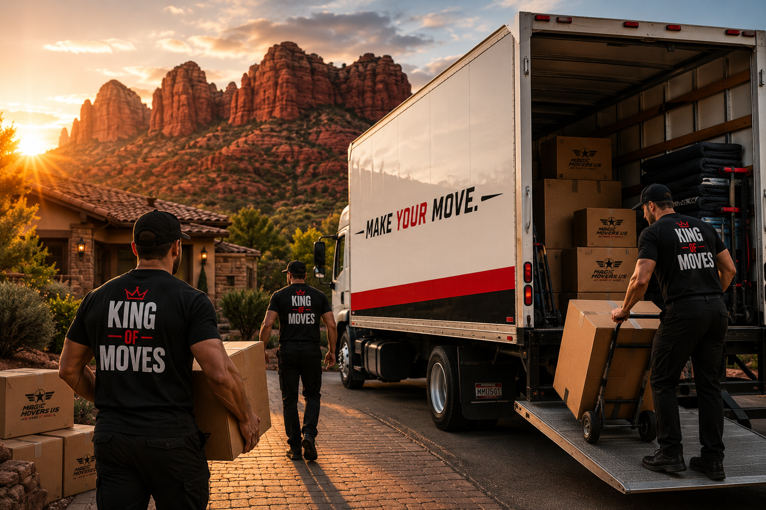 Three movers loading boxes into a moving truck in front of a mountain at sunset.