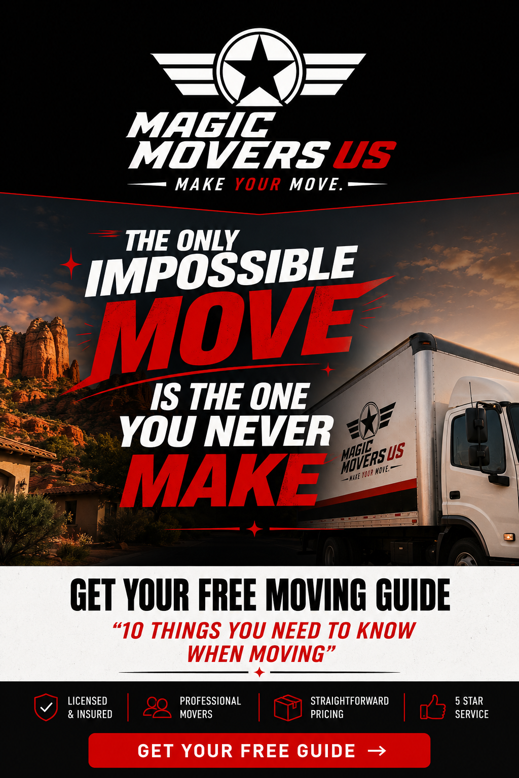 Promotional flyer for Magic Movers USA featuring a moving truck with a scenic desert landscape in the background at sunset. The flyer promotes a free moving guide titled '10 Things You Need to Know When Moving' and highlights services such as licensed & insured movers, professional staff, straightforward pricing, and 5-star service.