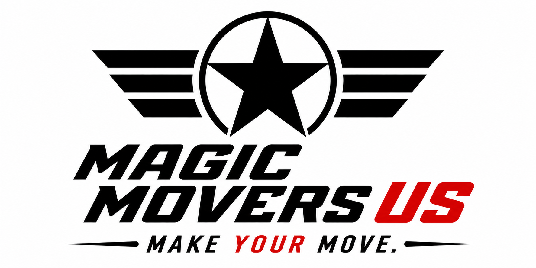 Black and red logo with a star enclosed in a circle and wings, with the text "Magic Movers US" and the slogan "Make Your Move."
